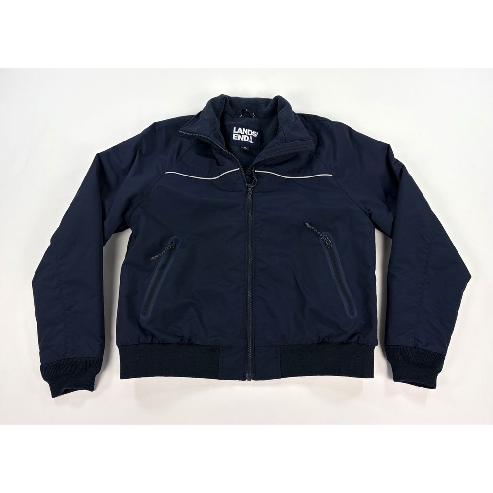 Lands' End Boys Jacket Coat Medium 10-12 Navy Blue Fleece Lined Full Zip Bomber